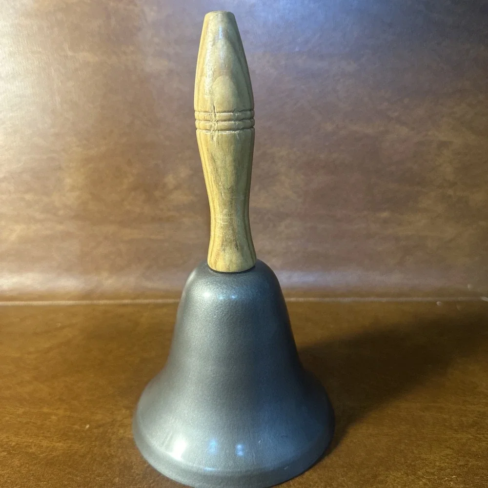 Vintage Retired Metal Hand Held Dept 56 Desk Bell Wood Handle Metal Tone